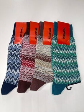 Missoni Zigzag Knit Dress Socks - Green, Blue, Red, Brown 4 Pack NWT S/M
